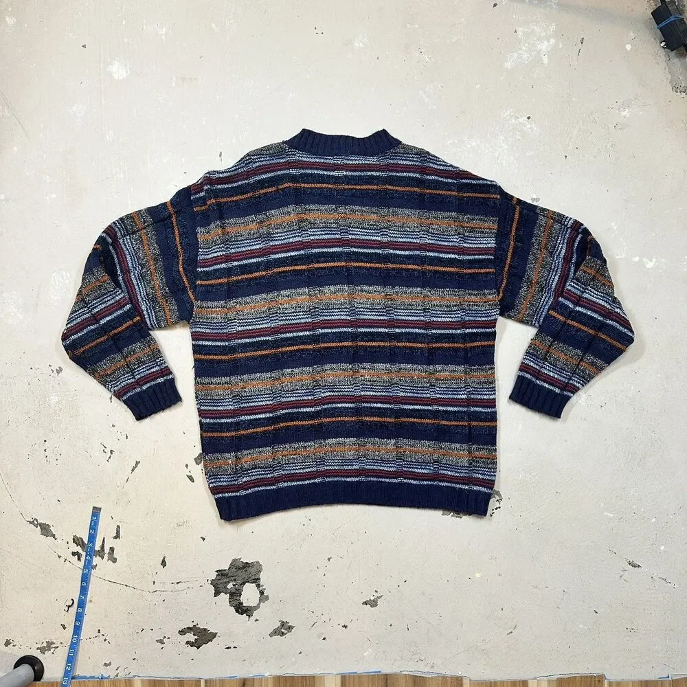 OXYMEL Mens V-Neck Jumper Sweater Large Navy Blue Multicolor Striped